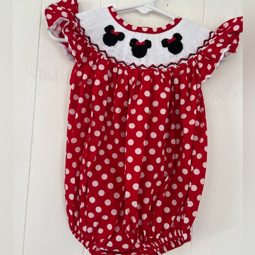 Pleats & Stitches Mouse Ears Smocked Romper Red Polka Dot Minnie Bubble 6 Months - Picture 4 of 15